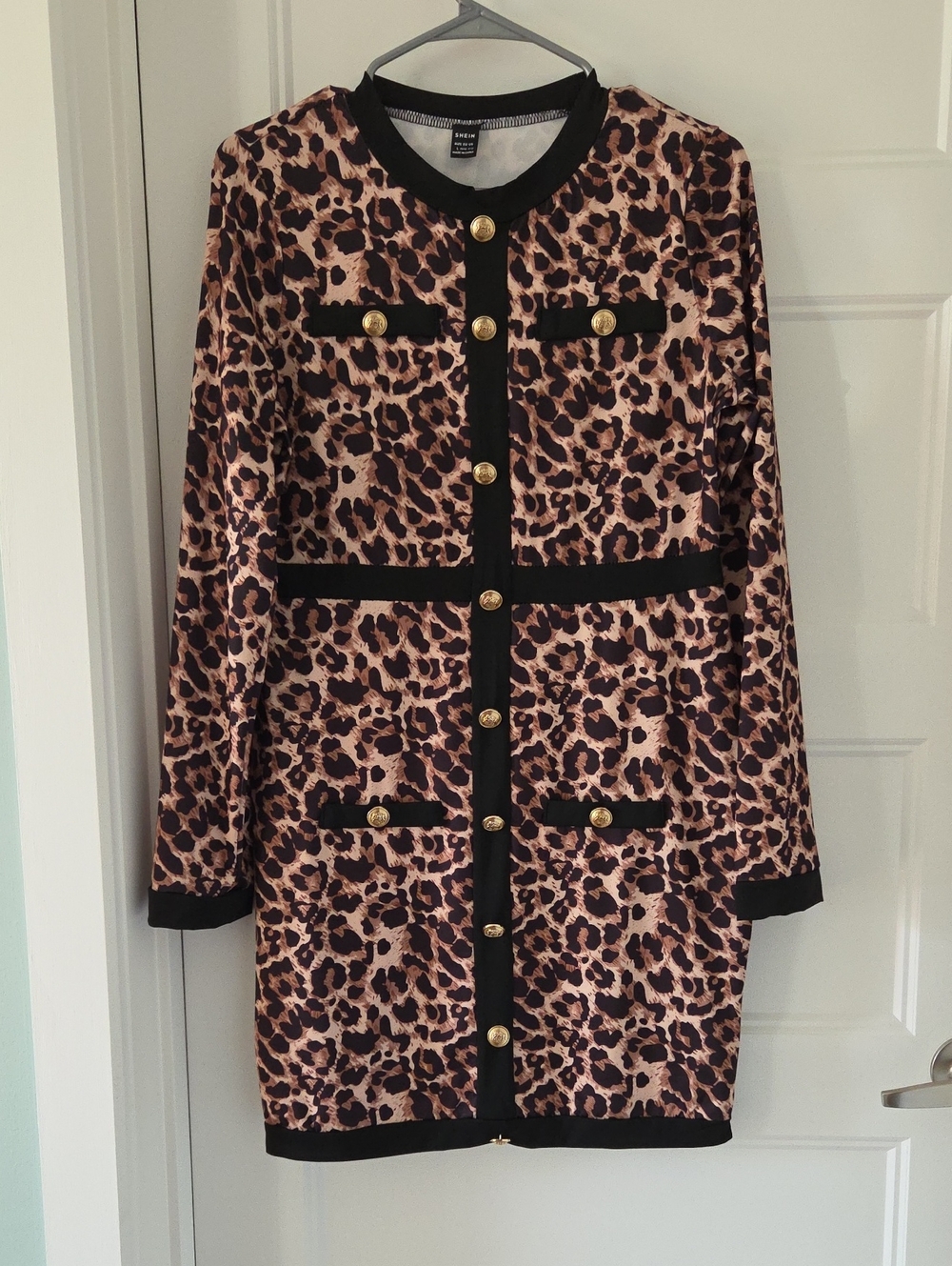 Leopard Print Gold-Button Dress with Black Trim